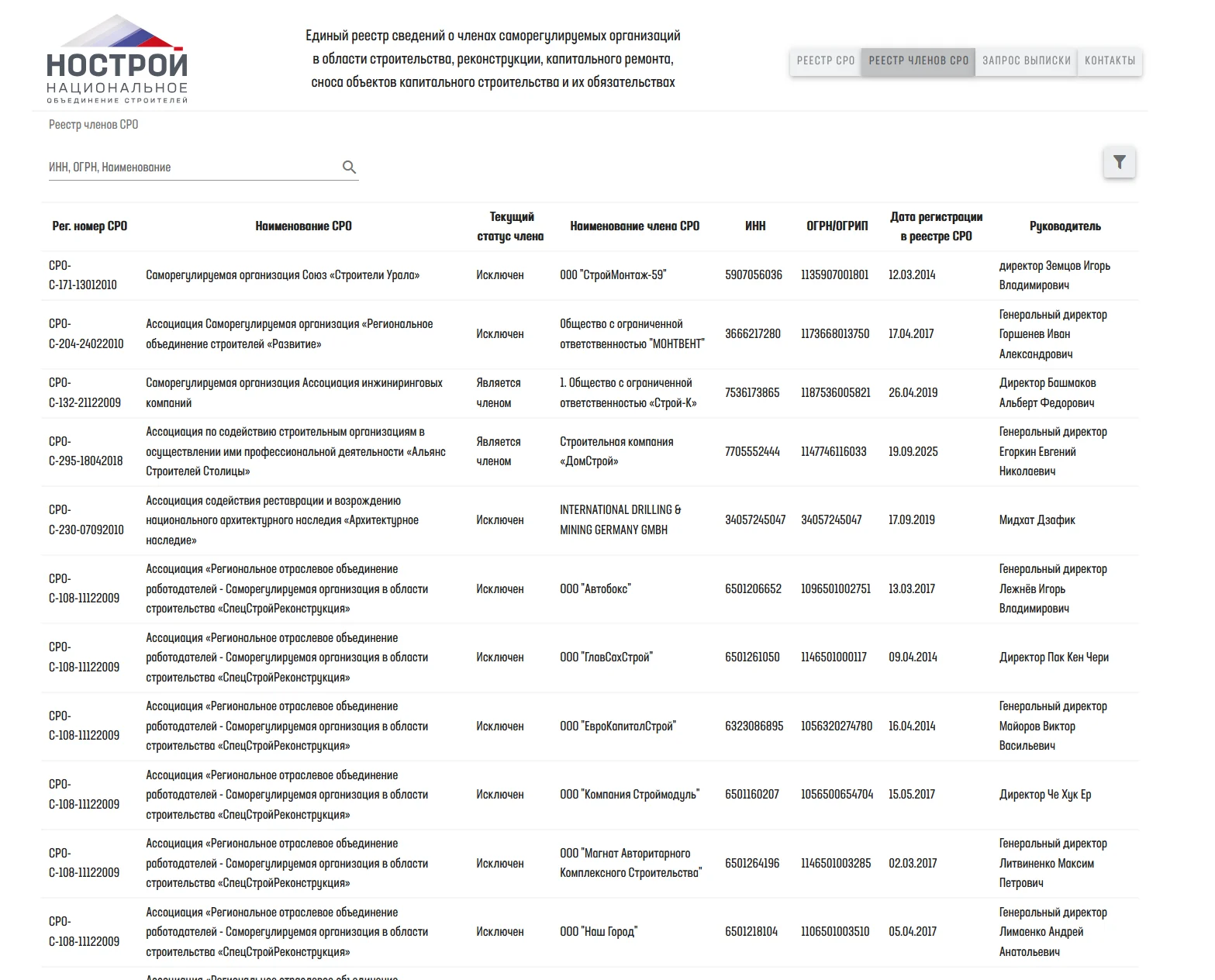 Скриншот реестра членов СРО НОСТРОЙ